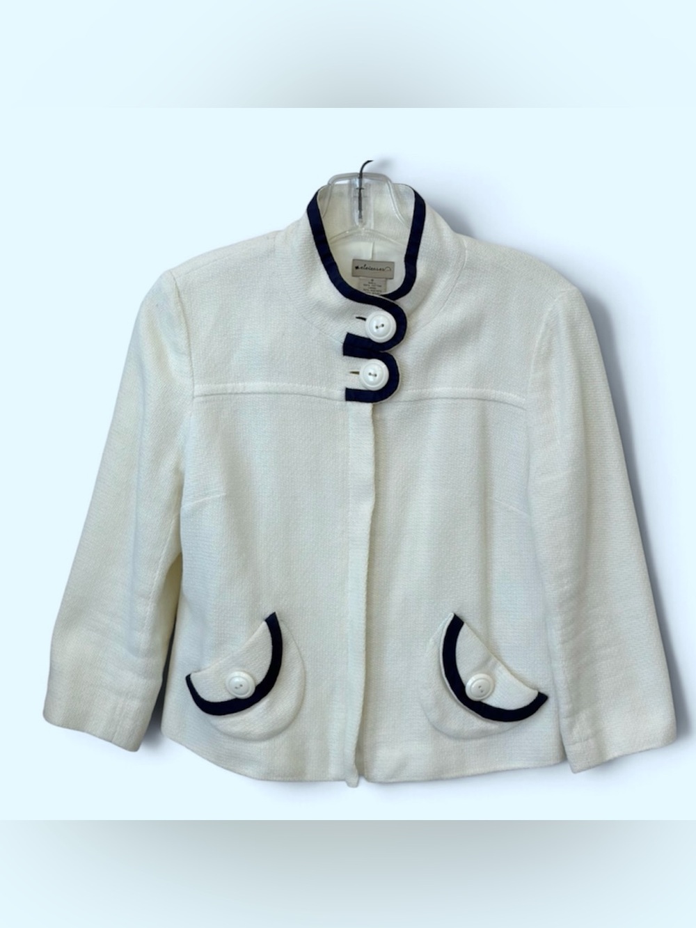 Anthropologie Elevenses White Zip-Front Jacket with Navy Trim